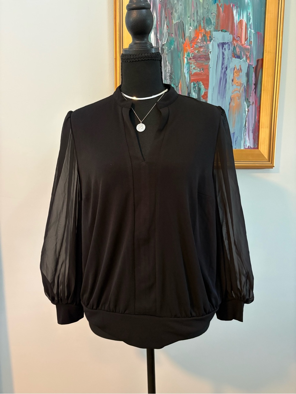 New York & Company Black V-Neck Blouse with Sheer Sleeves
